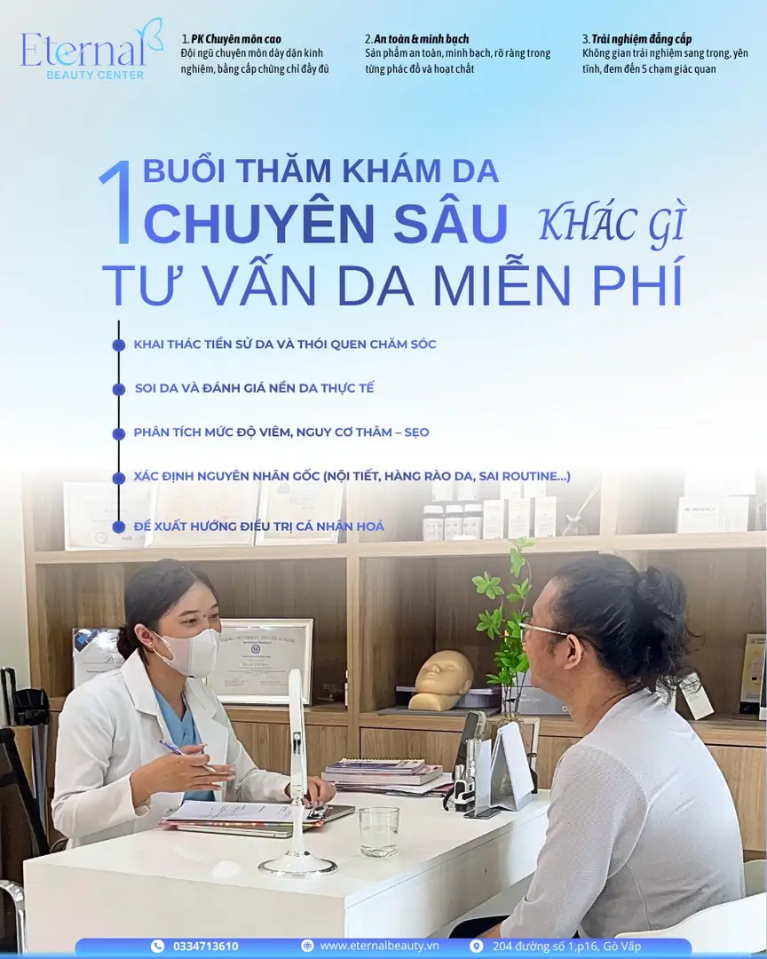 A dermatologist examining and assessing the skin at Eternal Beauty Center Gò Vấp